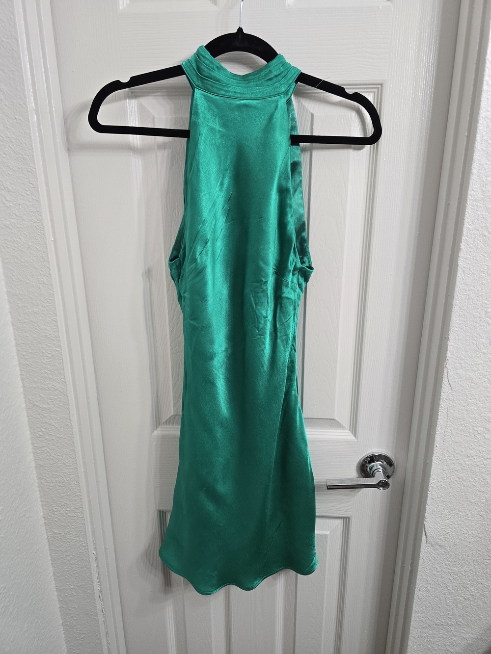 Meshki Teal High-Neck Satin Mini Dress
